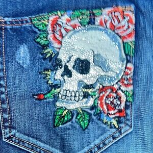 Ed Hardy Mens Rhinestone Skull Rose Distressed Straight Leg Jeans Blue Size 38